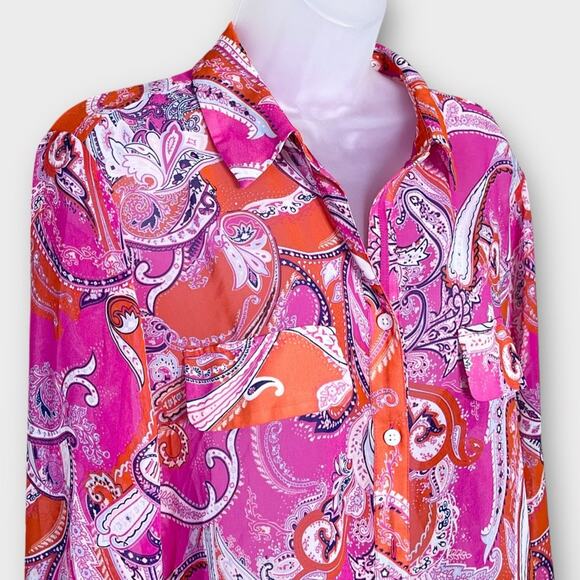 CHICO’S pink & orange semi sheer paisley easy button up blouse size 12-14 - Picture 3 of 5